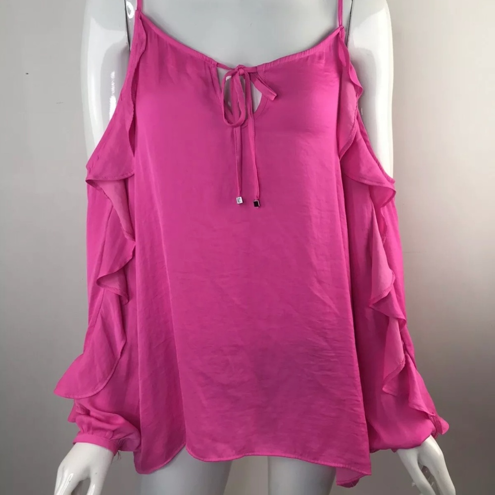 Jennifer Lopez JL Womens Size Large Cold Shoulder Ruffle Sleeve Blouse Pink
